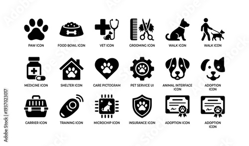Pet care icons set: veterinary, grooming, adoption, training, microchip