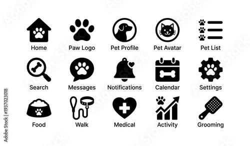 Pet management icons: home, paw logo, pet profile, notifications, settings