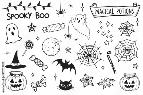 Halloween doodles featuring ghosts potions spiders and spooky treats