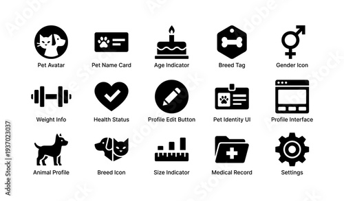 Pet management icons: breed tags, health status, age indicators, gender symbols, animal profiles