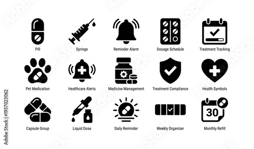 Healthcare and medicine icons: pill, syringe, reminder, schedule, treatment symbols