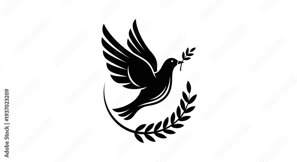 Obraz premium Flying dove with olive branch silhouette