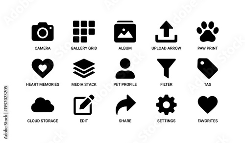 Collection of 15 various black icon designs for digital applications