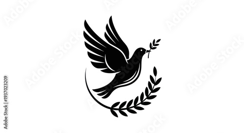 Flying dove with olive branch silhouette