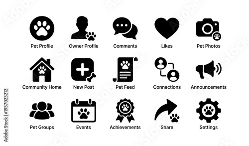 Pet social media icons: profiles, comments, likes, photos, community, events, achievements