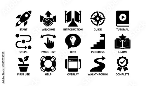 Set of 16 black user interface icons including start, tutorial, help, hint, and complete