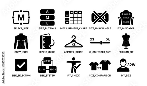 Clothing size icons collection: measurement, fit indicator, apparel sizing guide