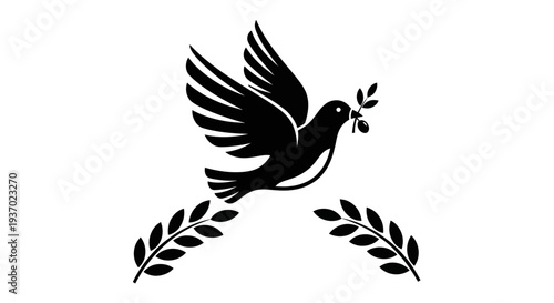Flying dove with olive branch silhouette