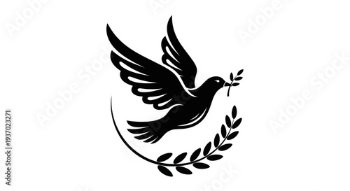 Flying dove with olive branch silhouette