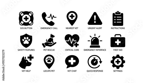 Emergency and safety icons for pet health and quick response solutions