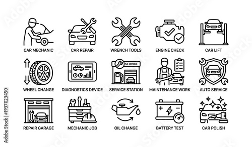 Car repair and maintenance icons: tools, diagnostics, service, and mechanical work