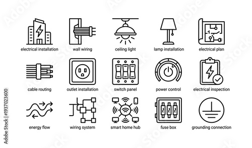 Electrical installation icons: wiring, outlets, panels, smart home systems, energy flow