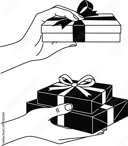 Graphic icon set featuring hands holding money and packages for payment and delivery