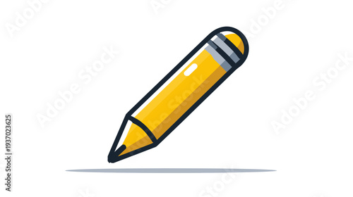A yellow pencil with a dark outline, shadow, and eraser is on a white background