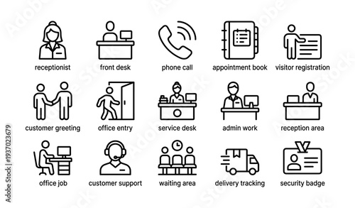 Office icons collection: reception, support, admin, entry, and delivery services