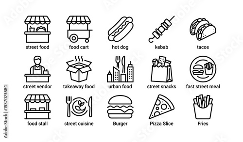 Street food icons: diverse urban snacks and meals in minimalist style