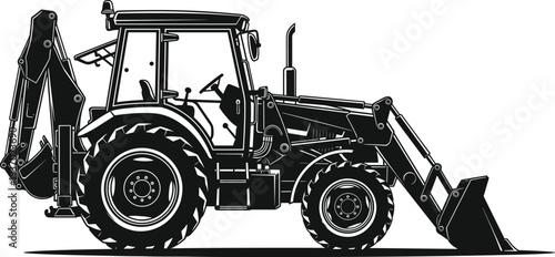 Detailed backhoe loader silhouette vector illustration, heavy construction machinery design, industrial equipment artwork, excavation and loading vehicle, rugged tire engineering stock content