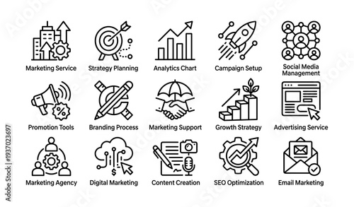 Marketing icons collection: strategies, analytics, branding, digital solutions, seo optimization