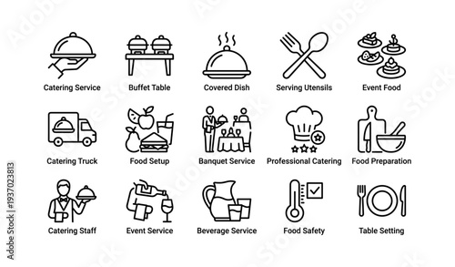 Catering and event service icons featuring food and beverage setup