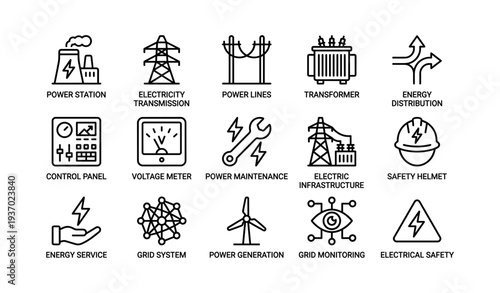Electricity infrastructure icons: power station, transmission, transformer, safety helmet