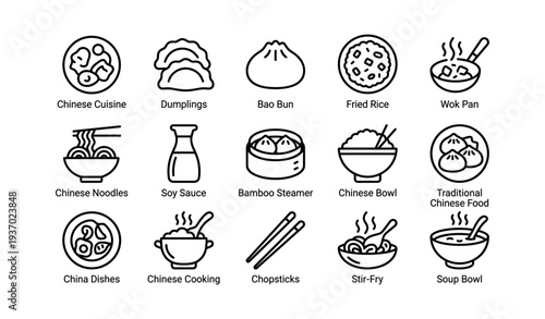 Traditional chinese cuisine icons: dumplings, bao bun, fried rice, wok pan, noodles, soy sauce