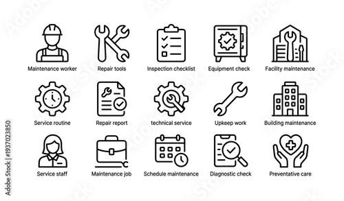 Maintenance tools and services icons: repair, inspection, equipment, building, checklist