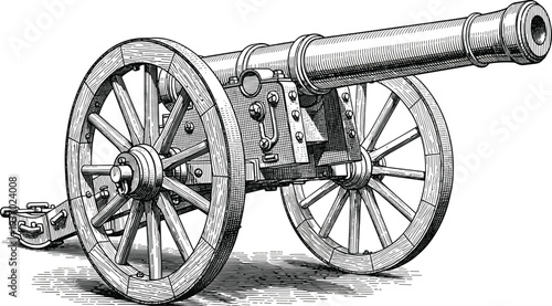 Detailed black and white vector illustration of historical cannon, wooden carriage, spoked wheels, flared muzzle, military artillery design, antique weapon engineering