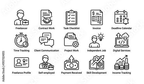 Freelance icons collection: contract, invoice, time tracking, communication, project management