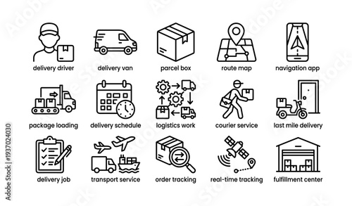 Delivery and logistics icons: driver, van, parcel, map, tracking, schedule, fulfillment center
