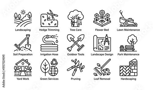 Landscaping and garden maintenance symbols: tools and services illustrated
