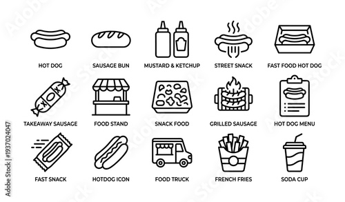 Assorted fast food icons: hot dogs, snack stands, and sauces
