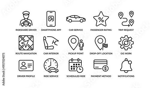 Rideshare icons: driver, app, car, rating, navigation, payment, notifications