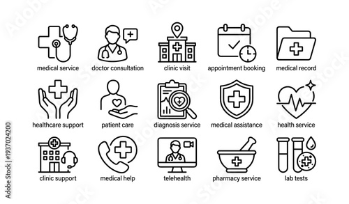 Medical service icons featuring healthcare, doctor, and telehealth symbols