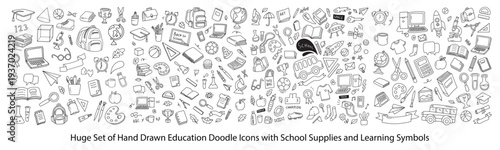 Huge Set of Hand Drawn Education Doodle Icons with School Supplies and Learning Symbols