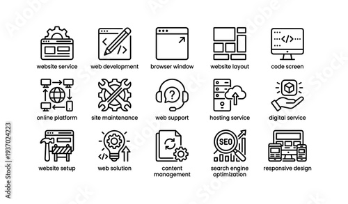 Website and digital services icons: development, support, hosting, seo, design tools