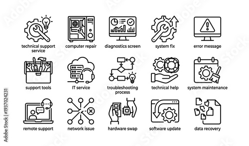 Technical support and computer repair icons for system maintenance and troubleshooting