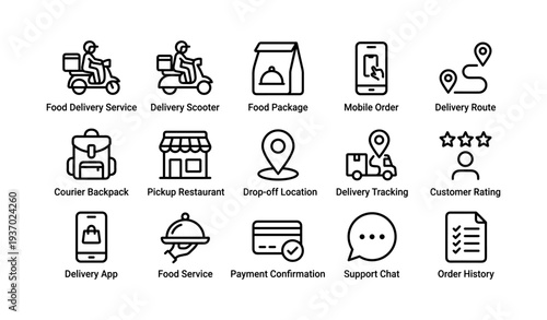 Food delivery icons: service, tracking, and support elements