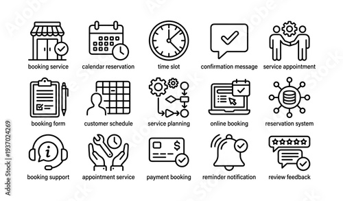 Service booking icons: calendar, clock, computer, handshake, gear, bell, form, headset