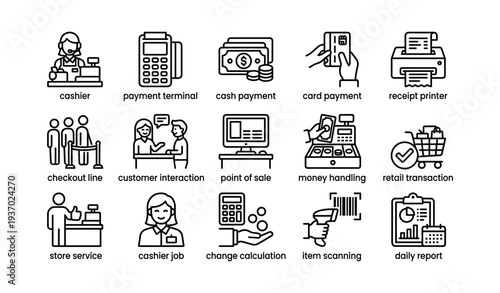 Retail icons: checkout, payment, cashier, scanner, transaction concepts