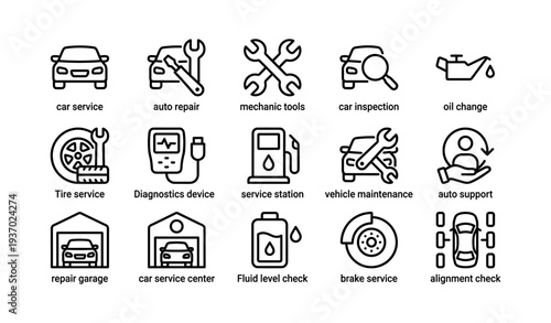 Car maintenance and repair icons: tools, services, oil change, tire service, diagnostics