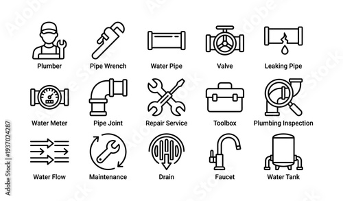 Plumber tools and icons for water pipe repair and maintenance