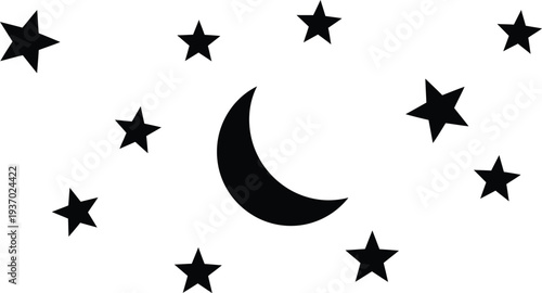 A black and white illustration of a crescent moon surrounded by stars in a night sky scene