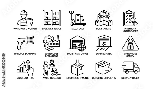 Warehouse operations and safety icons: workers, equipment, logistics, inventory, storage, shipping