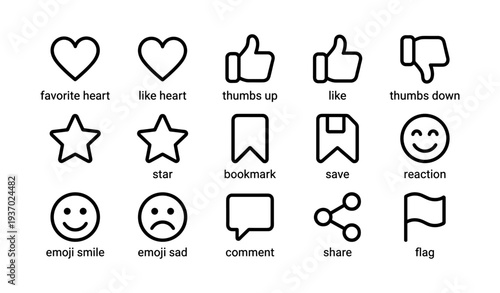 Set of outline social media icons: heart, thumb, star, emoji, comment