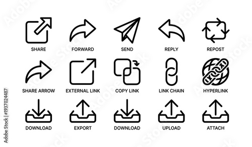 Collection of black line icons for file sharing and communication