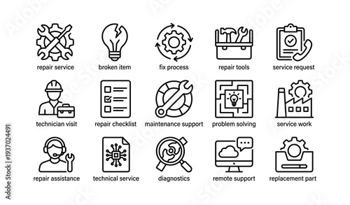 Set of repair and maintenance icons featuring tools and support services