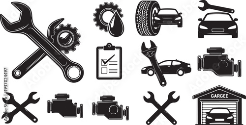 Black and white car repair service icons and tools