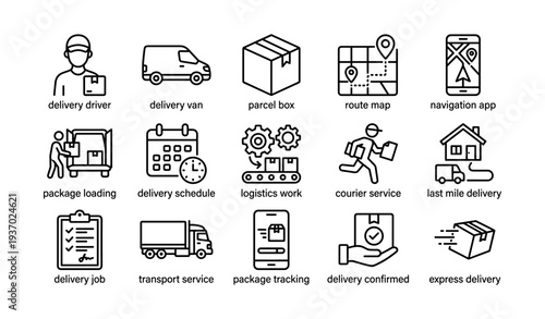 Delivery services icons collection: driver, vehicle, packages, and logistics tools