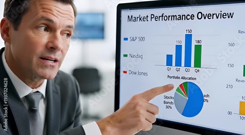 Professional financial advisor explaining market performance overview and portfolio allocation charts