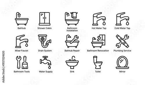 Bathroom plumbing icons: bathtub, shower, faucet, toilet, mirror, tools, installation, repair